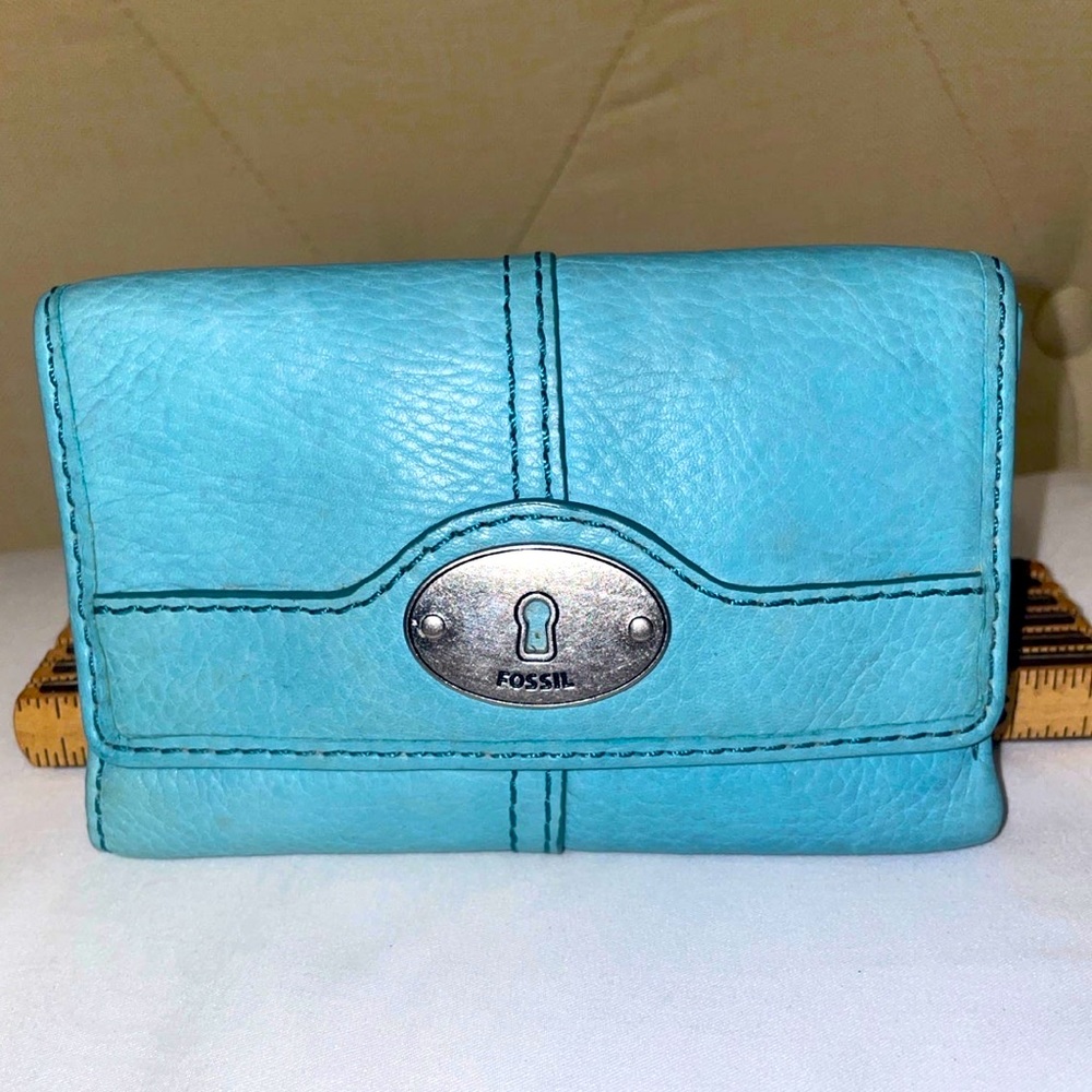 FOSSIL Teal Blue Cowhide Leather Womens Wallet Clutch Pocketbook 5.5in